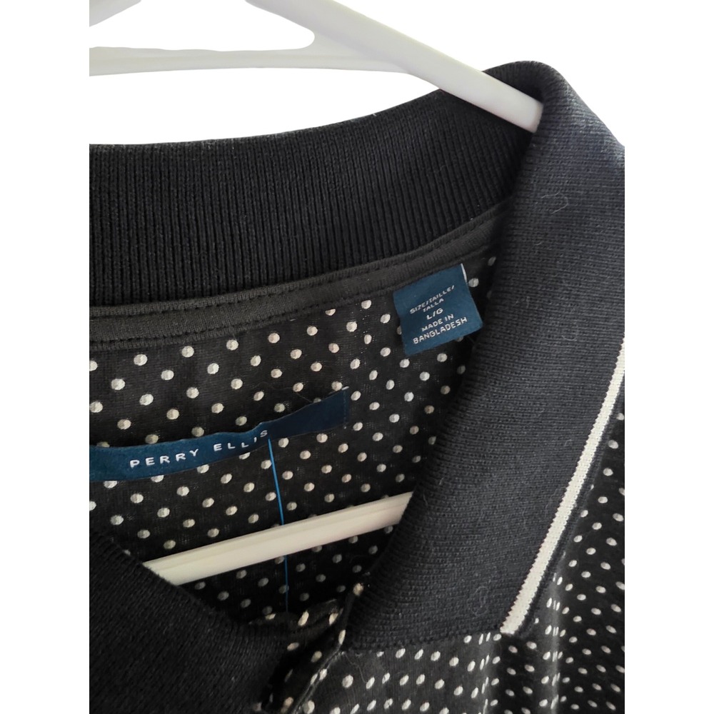 Perry Ellis Mens Black White Dot Print Short Sleeve Polo Shirt Size Large